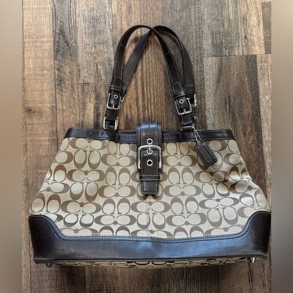 Coach Signature C Buckle Tote F12643 Brown Beige Canvas Leather Trim Bag - Picture 1 of 15
